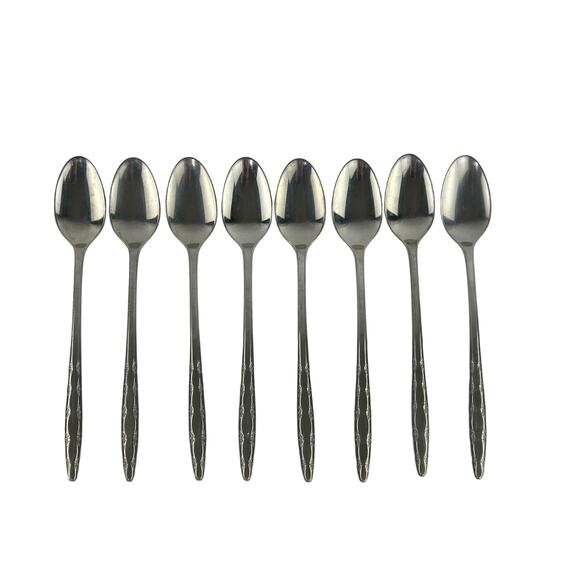 8 Vintage Superior Stainless Teaspoons, Gardenia Pattern, Floral MCM Flatware - Picture 4 of 13